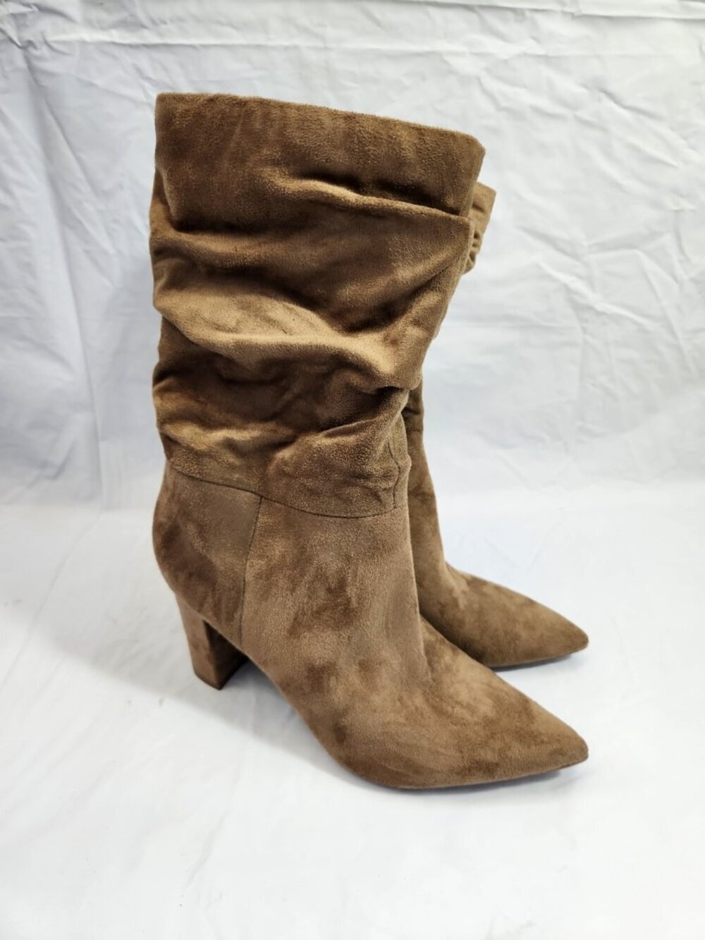 Marc Fisher Mid Calf Boots Women 7.5M Brown Suede Slouch Pointed Toe Block Heel